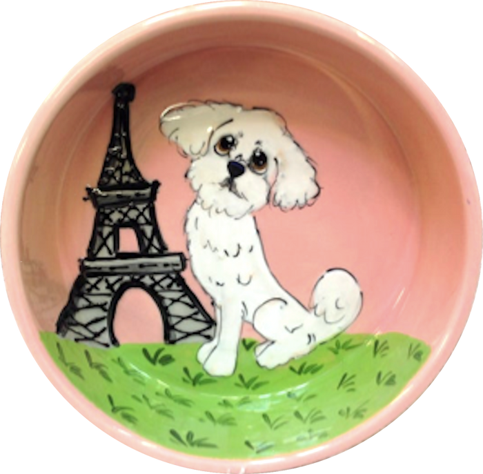 photo of Maltese dog in Paris on ceramic dog bowl by Debby Carman, faux paw petique
