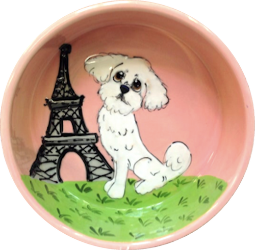 photo of Maltese dog in Paris on ceramic dog bowl by Debby Carman, faux paw petique