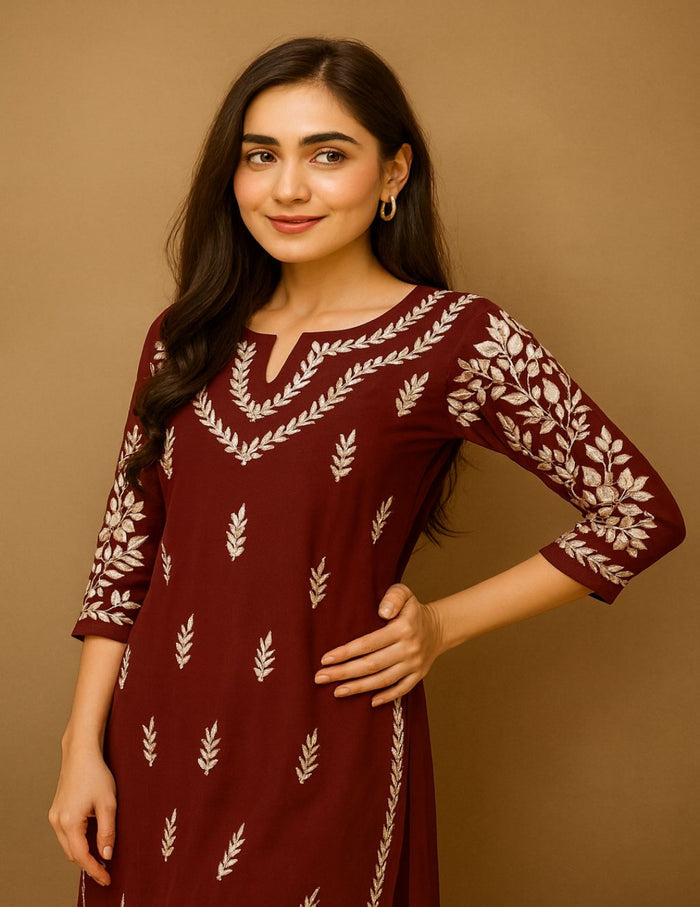 Maroon chikankari kurti online shopping