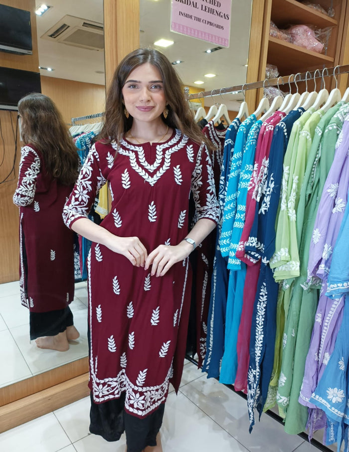Maroon embroidered kurti shop new arrivals