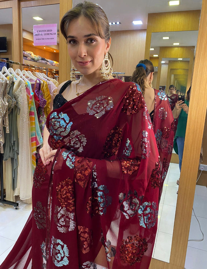 Maroon Rose Sequins Saree