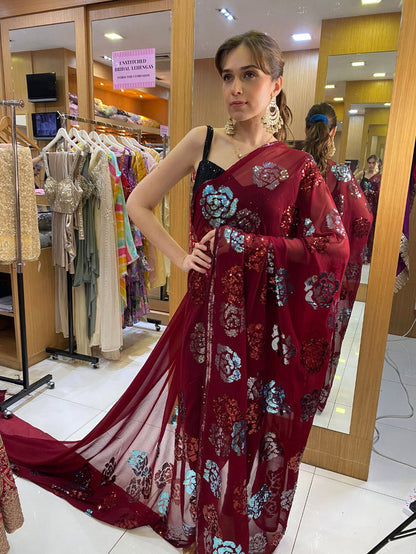 Maroon Rose Sequins Saree