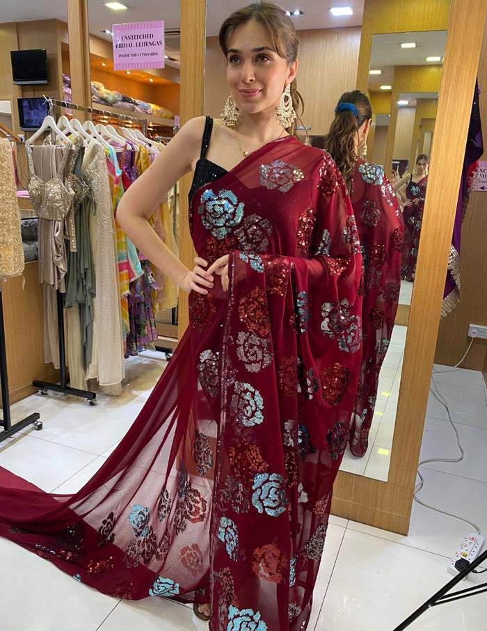 Maroon Rose Sequins Saree
