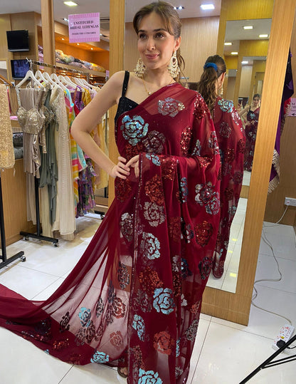 Maroon Rose Sequins Saree