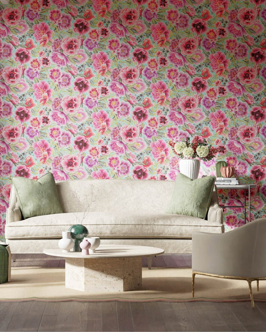 Marsha wallpaper - Aqua/Peony/Magenta - Diane Hill