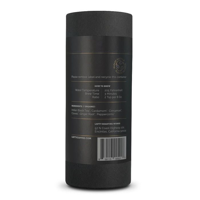 Back of Lofty chai tea canister with brewing instructions