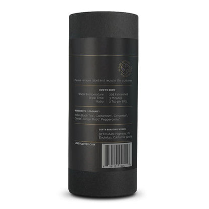 Back of Lofty chai tea canister with brewing instructions