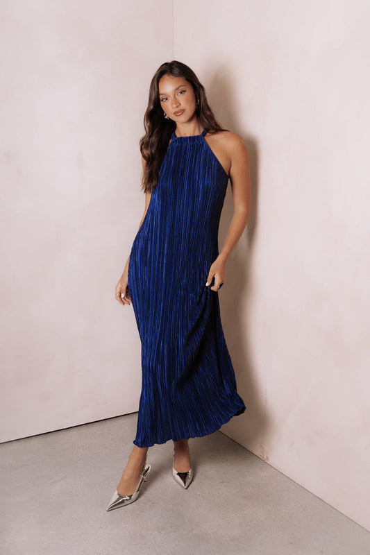 Petal and Pup USA DRESSES Melody Plisse Halter Maxi Dress - Navy