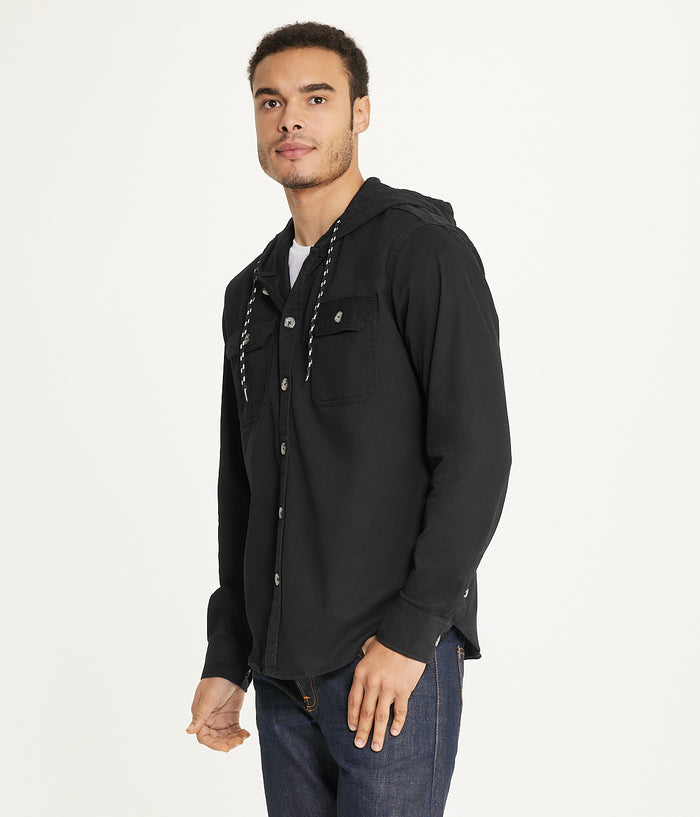 Men's Long Sleeve Hooded Shirt Jacket: Stretch Twill
