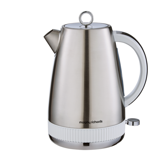 Stainless steel kettle with white base on a white background