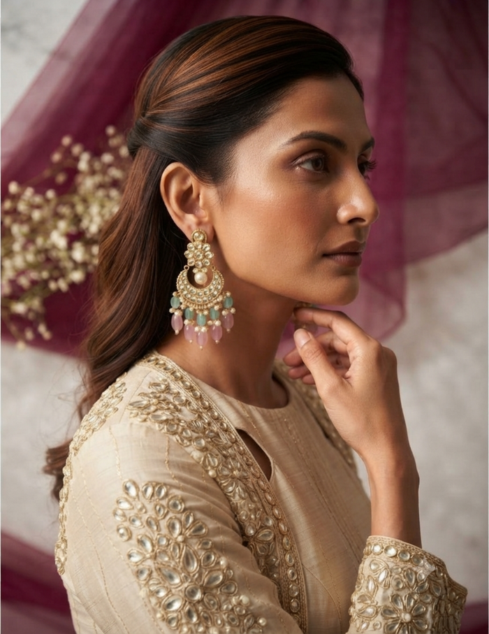 A woman in profile wearing a cream-colored embroidered traditional outfit and a large ornate gold-toned statement earring with pink and green bead drops, posed against a draped magenta fabric backdrop.