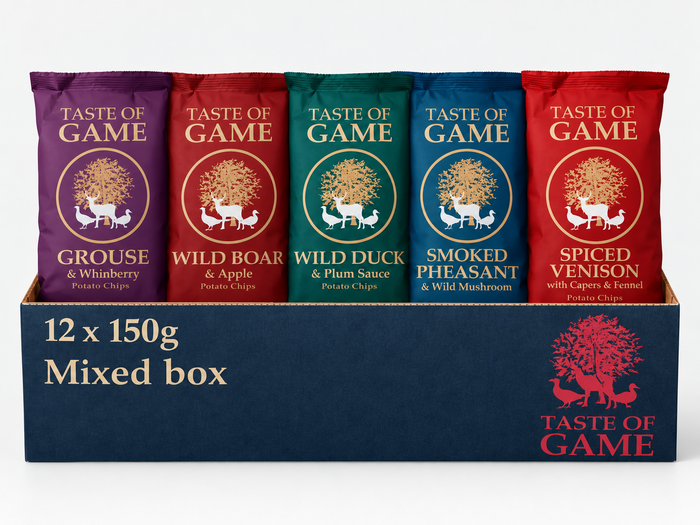 Mixed Box - Spiced Venison with Capers & Fennel, Wild Boar and Apple, Wild Duck and Plum, Grouse and Whinberry, Smoked Pheasant and Wild Mushroom Crisps 150g (Case of 12)