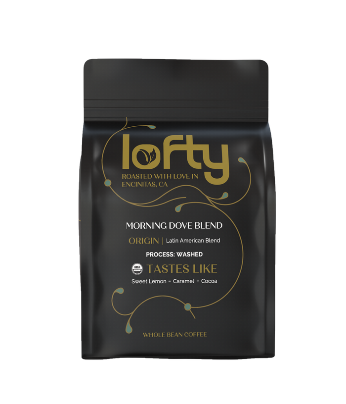 Front view of Lofty Morning Dove coffee bag
