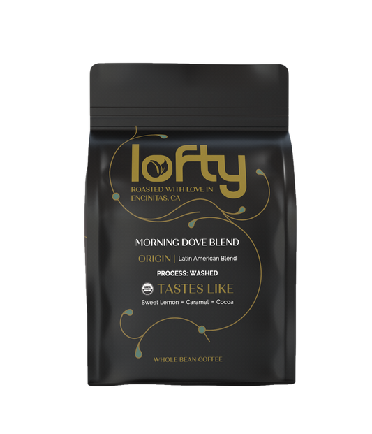 Front view of Lofty Morning Dove coffee bag
