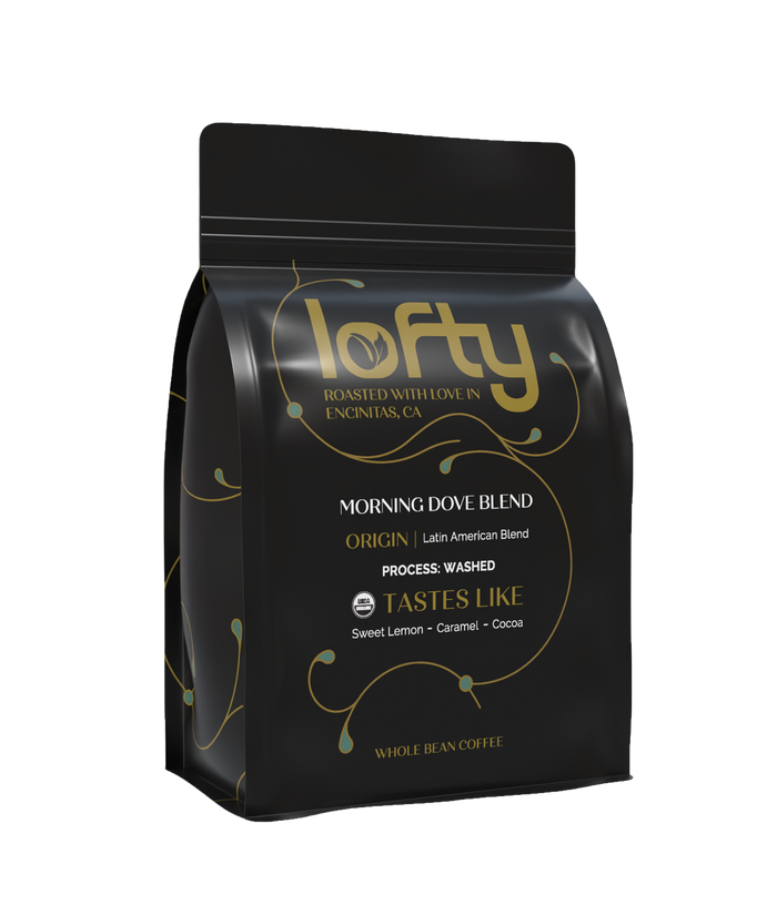 Side view of Lofty Morning Dove coffee bag