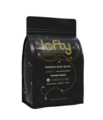 Side view of Lofty Morning Dove coffee bag