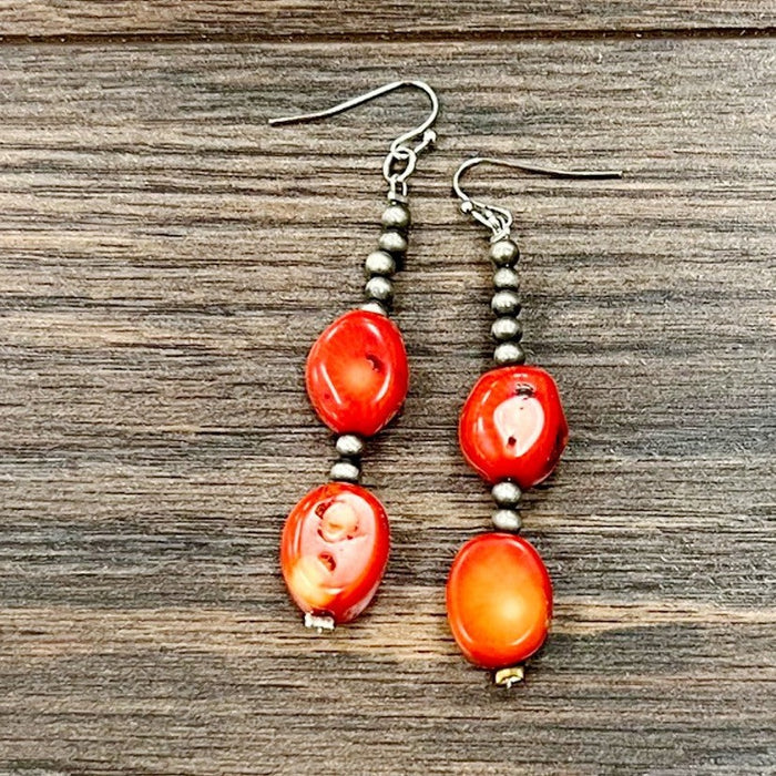 Navajo Pearl & Red Coral Dangle Earrings