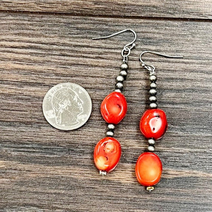 Navajo Pearl & Red Coral Dangle Earrings