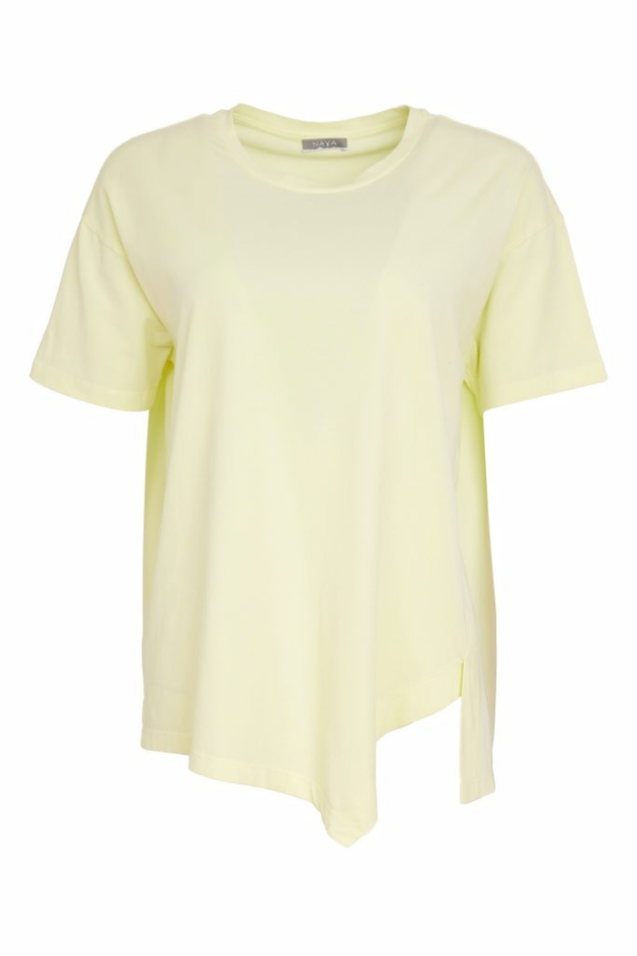 Soft lemon yellow Naya jersey top with a relaxed fit and cut-out hem detail. Easy to wear and perfect for everyday. Shop at Dotique.