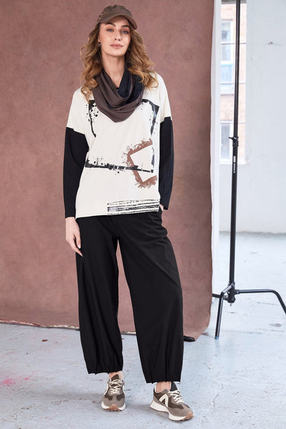 Naya NAW25153 Black Wide Leg Trouser with Tuck Hem Detail - Dotique - Naya