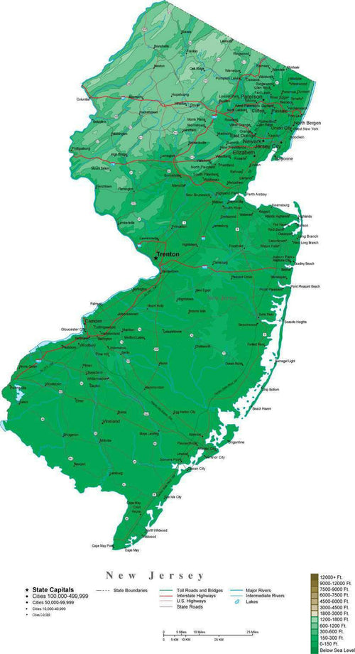 New Jersey Map  with Contour Background - Cut Out Style
