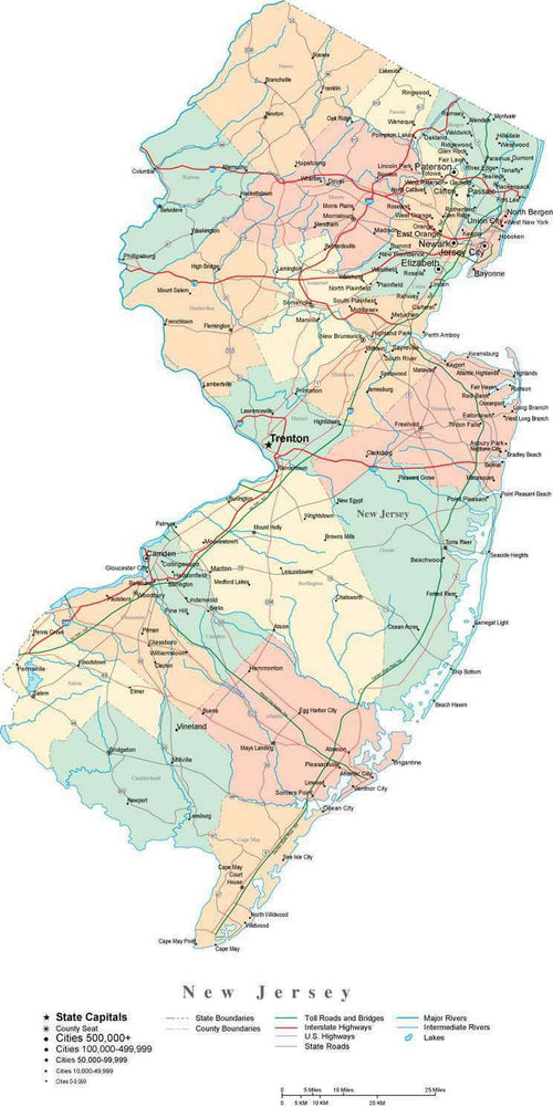 New Jersey State Map - Multi-Color Cut-Out Style - with Counties, Cities, County Seats, Major Roads, Rivers and Lakes