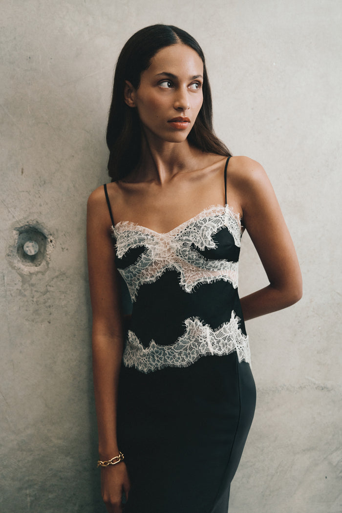 Nina Satin And Lace Camisole - Black/Ivory