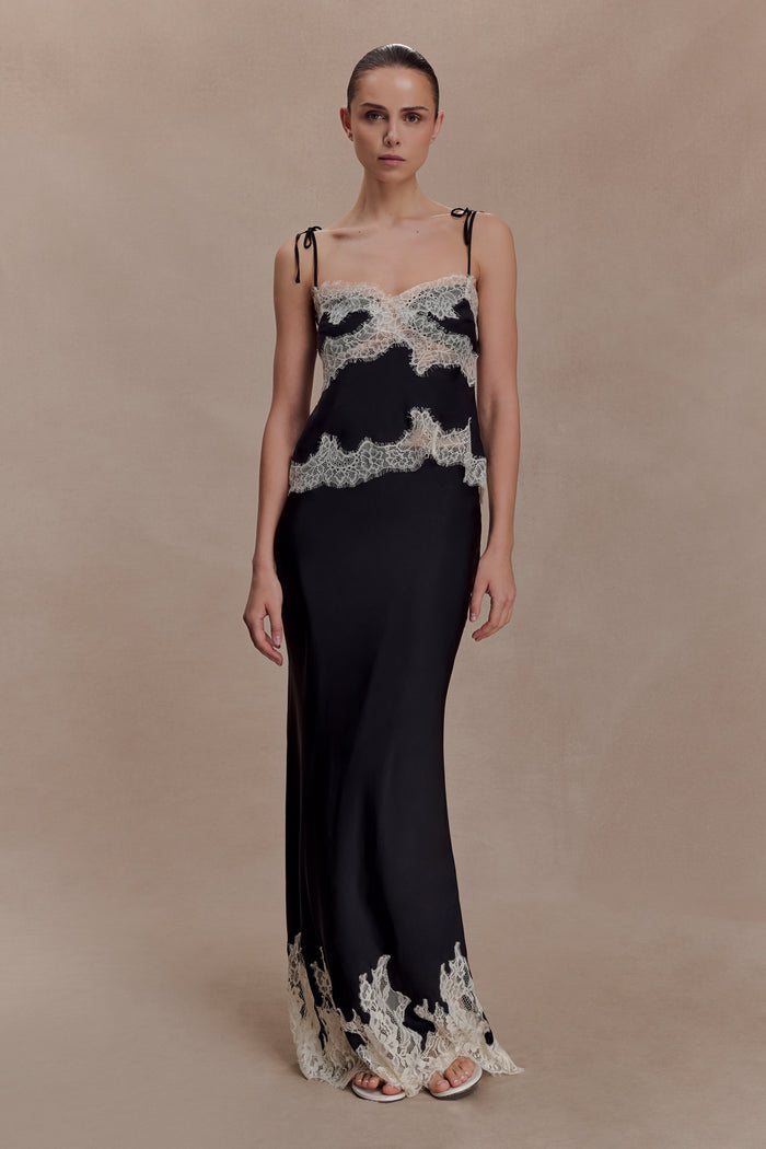 Nina Satin And Lace Maxi Skirt - Black/Ivory
