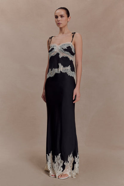 Nina Satin And Lace Maxi Skirt - Black/Ivory