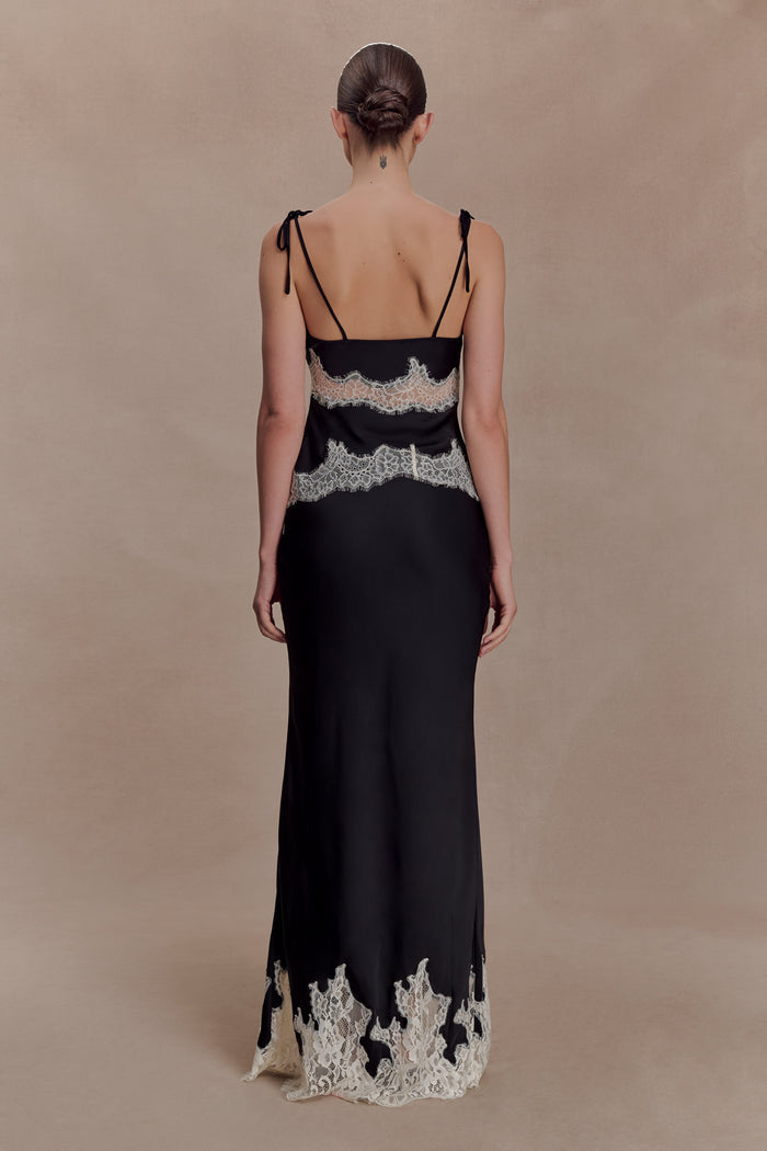 Nina Satin And Lace Maxi Skirt - Black/Ivory