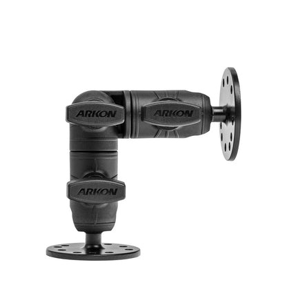 The OCTO™ Ratchet Arm with Circular Mounting Pattern is a black adjustable extension arm with three joints and round mount plates, ideal for securely holding AMPS-compatible devices, shown against a plain white background.