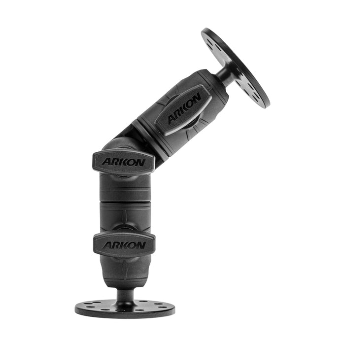The OCTO™ Ratchet Arm with Circular Mounting Pattern is a black adjustable arm with three rotating joints and circular plates at both ends featuring multiple holes for versatile, AMPS-compatible device mounting.