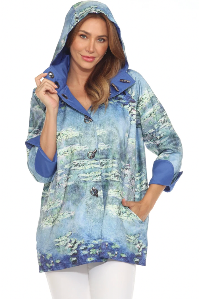Oopera J2239RW-6 Reversible Rain Coat Water Lillies Claude Monet worn by a model. Shop Oopera at Dotique