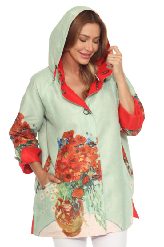 Oopera J6240RW-5 Reversible Rain Coat Poppies Vincent Van Gogh on model Shop Oopera at Dotique