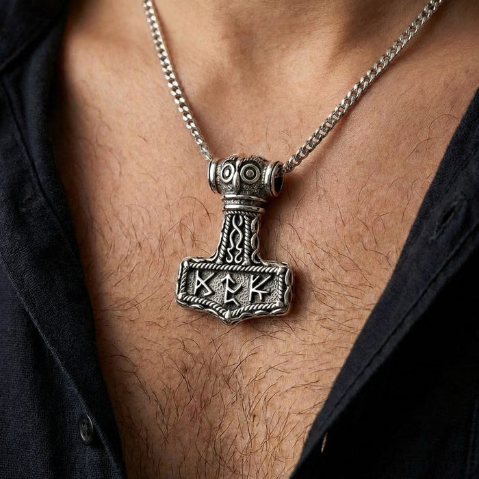 The sterling silver owl runic Mjolnir pendant worn on a curb chain against a man's chest.