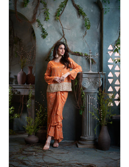 Peach chinon embroidered top with pleated skirt for party wear