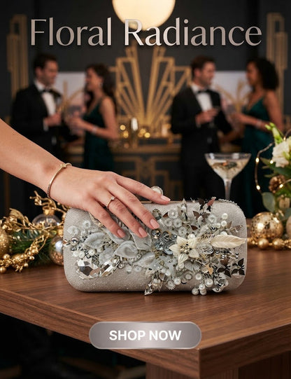 Pearl Floral Embroidered Clutch – Vintage Frame Evening Bag