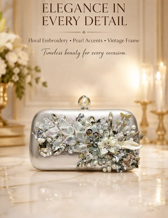 Pearl Floral Embroidered Clutch – Vintage Frame Evening Bag