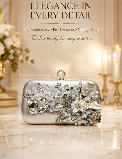 Pearl Floral Embroidered Clutch – Vintage Frame Evening Bag