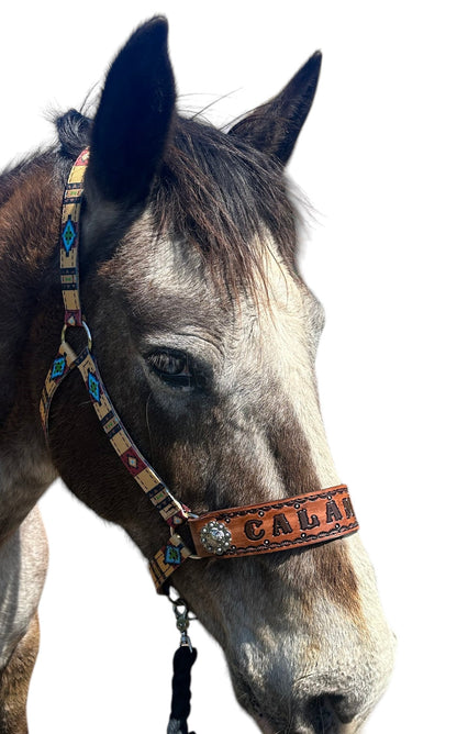 PERSONALIZED tan tribal nylon horse halter