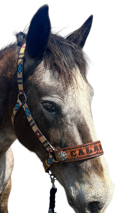 PERSONALIZED tan tribal nylon horse halter