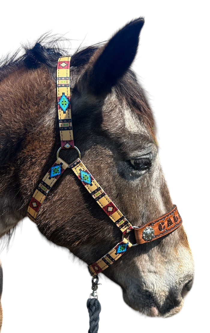 PERSONALIZED tan tribal nylon horse halter
