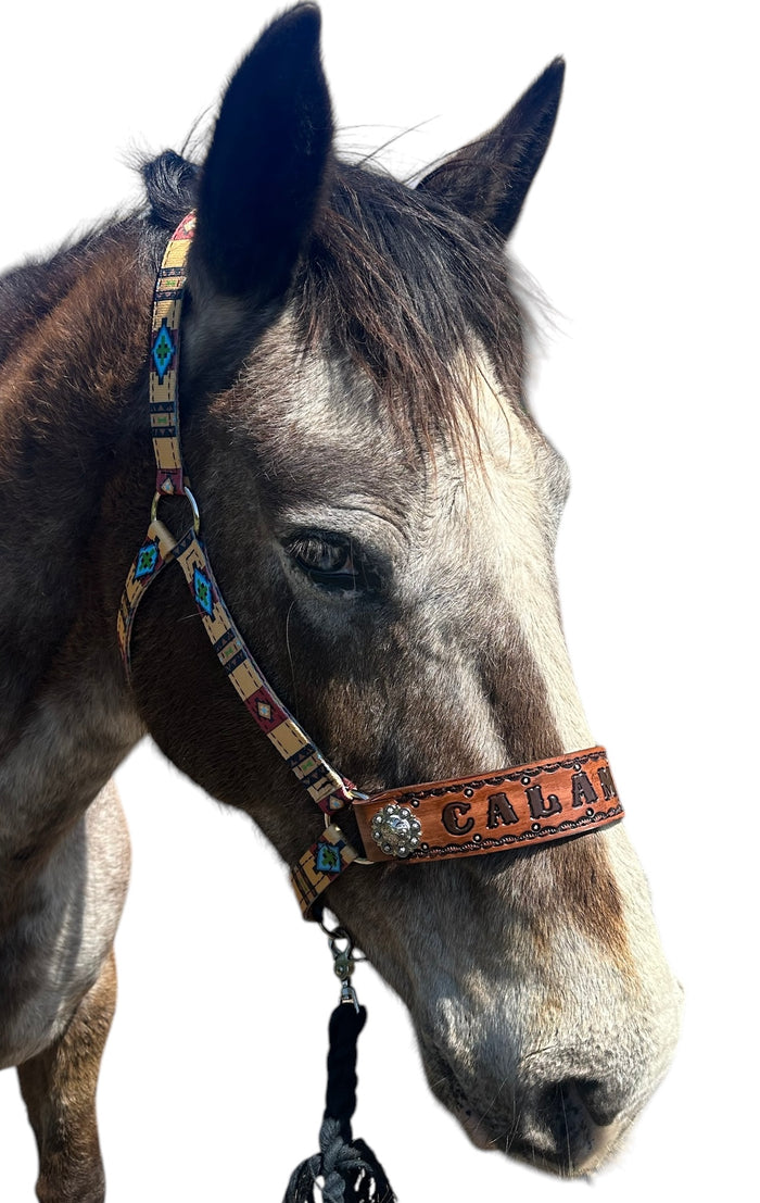 PERSONALIZED tan tribal nylon horse halter