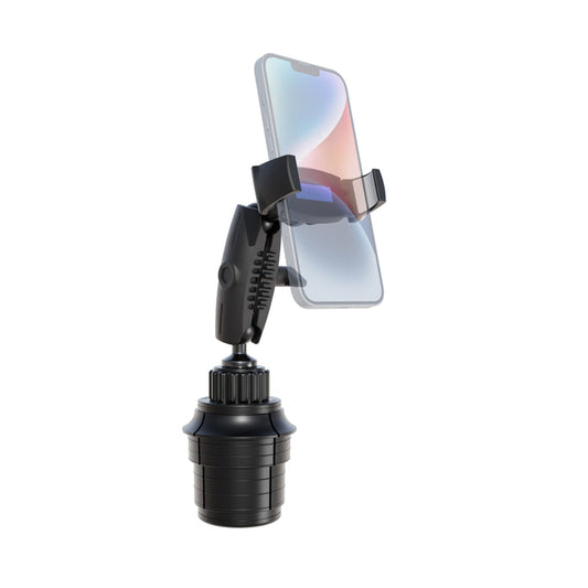 The Phone Cup Holder Mount with Mobile Grip 5 Holder - 25mm features a black adjustable design that holds your smartphone upright, making it an ideal hands-free phone holder for your car. The mobile grip keeps the screen clearly visible, while the mount’s ribbed base ensures a secure fit in any cup holder.