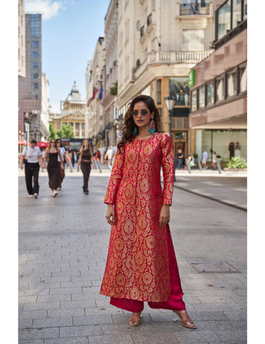 Pink brocade evening wear jacket set for women