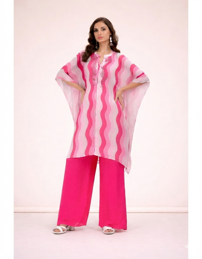Pink printed kaftan co-ord set with breezy fit for summer and festive wear