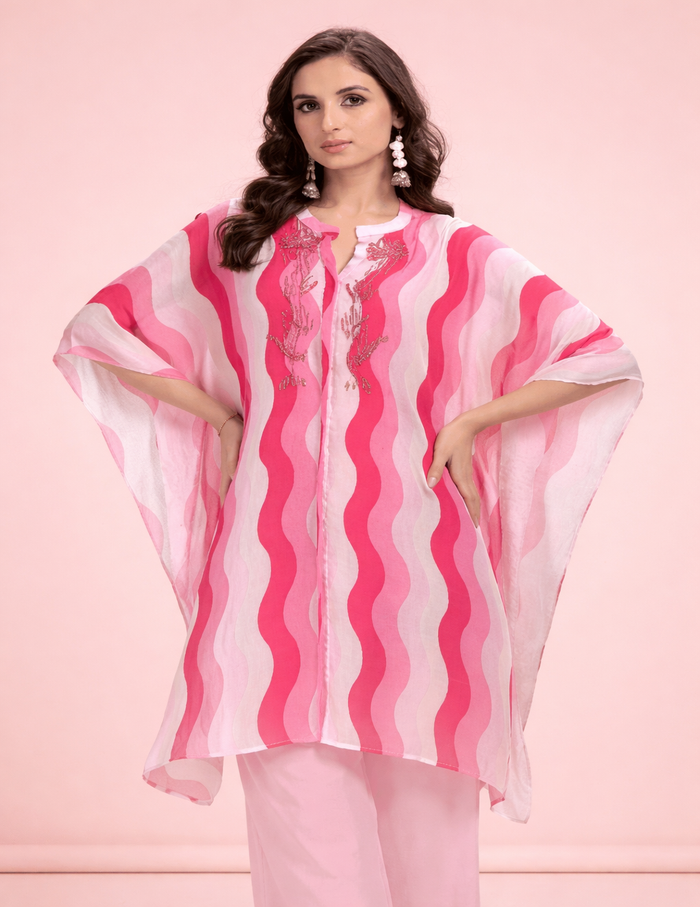Pink printed kaftan co-ord set with breezy fit for summer and festive wear