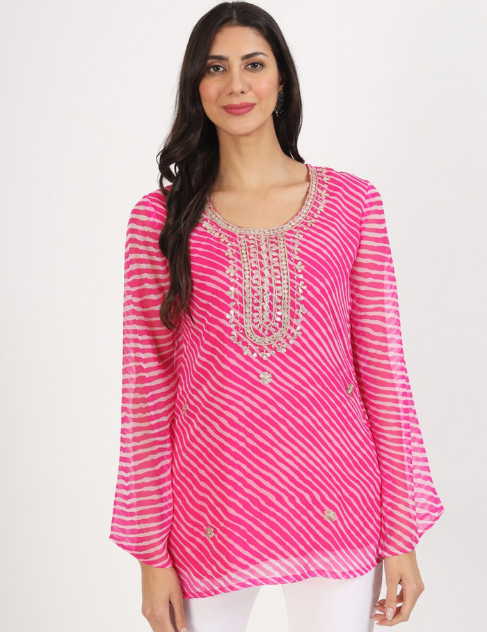 Vibrant pink and white georgette leheriya short kurti for casual and semi-formal wear.