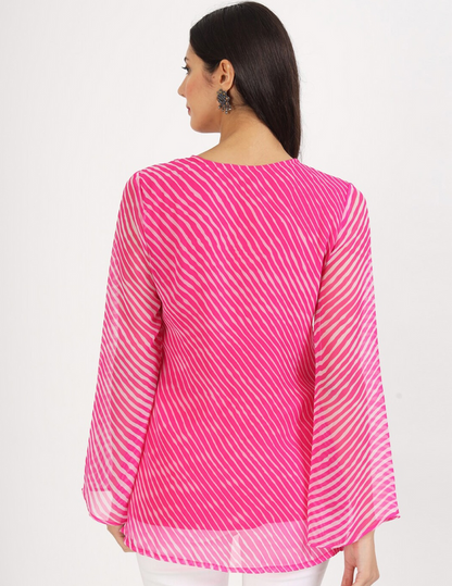 Vibrant pink and white georgette leheriya short kurti for casual and semi-formal wear.