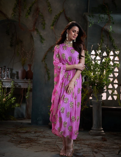Pink one shoulder embroidered georgette midi dress by Arab Crab designer